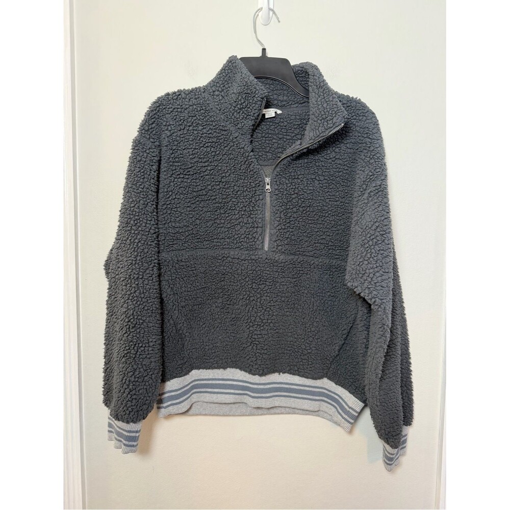 American Eagle Sherpa Quarter Zip Pullover Gray Striped Trim Women’s Medium